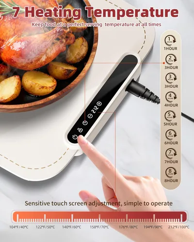 Miniatura 2 de Tapete de calentamiento para alimentos, bandeja de calentamiento eléctrico de calentamiento rápido mejorada con 7 niveles de temperatura y 8
