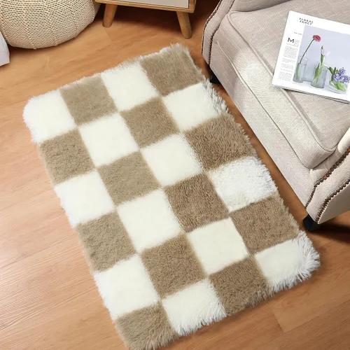 Miniatura 3 de KICMOR - Tapete a cuadros afelpado, peludo, mullido, color beige y blanco crema, pequeño, de 2 x 3 pies, para dormitorio, sala, junto a la cama