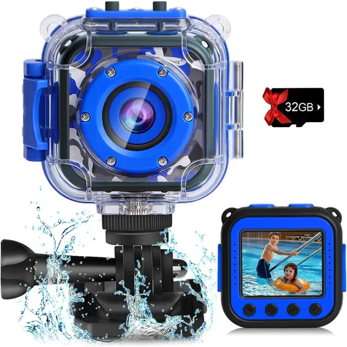 PROGRACE Cámara impermeable para niños, cumpleaños para niños de 3 a 12 años, cámara de video submarina HD 1080P para niños, juguetes de piscina,