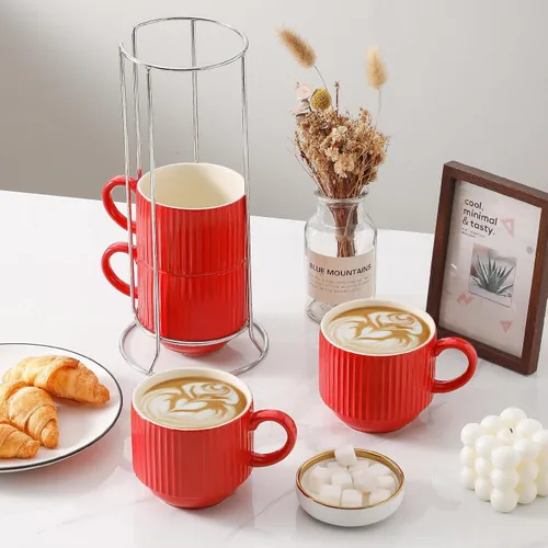 Miniatura 2 de Hasense Tazas de café rojas, juego de 4 tazas de café apilables de 15 onzas con estante – Juego de tazas de latte de cerámica grandes y acanaladas