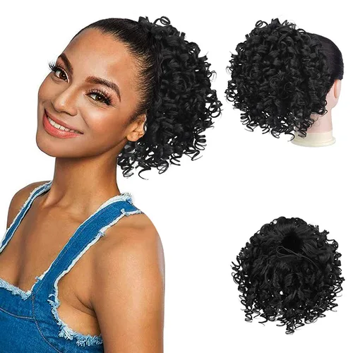 Miniatura 11 de PEACOCO Extensión de cola de caballo rizada con cordón para mujeres negras - Cola de caballo de 6 pulgadas con clip, postizo sintético de afro corto