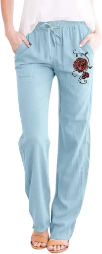 Sharemen Pantalones de playa de lino para mujer, pantalones capri cómodos de algodón con bolsillos, cintura elástica, pantalones recortados
