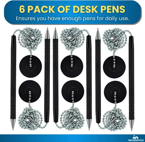 Miniatura 6 de 1InTheOffice Bolígrafo con cadena, bolígrafo de seguridad para mostrador, almohadilla redonda adhesiva, negro, paquete de 6