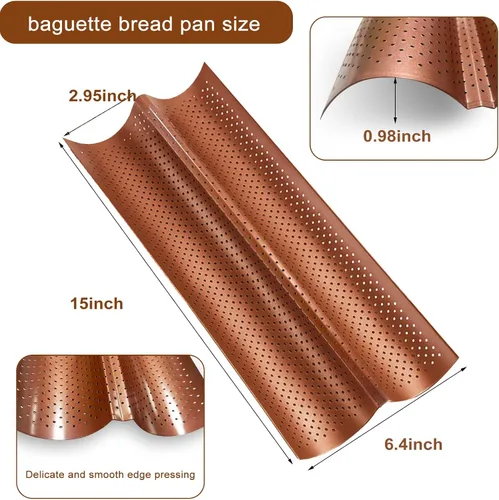 Miniatura 8 de Juego de 2 sartenes para baguette con paño de prueba, antiadherente de 2 ranuras para pan francés para baguette casero, bandeja de bronce vintage