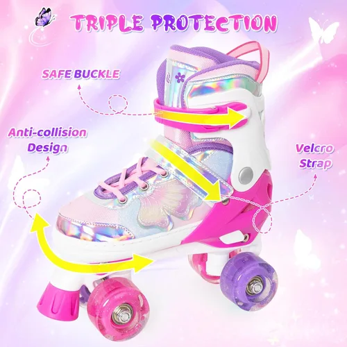 Miniatura 4 de MammyGol Patines de ruedas para niños y niñas, patines ajustables para niños con hermosas mariposas, principiantes de 3 a 16 años de edad, patines