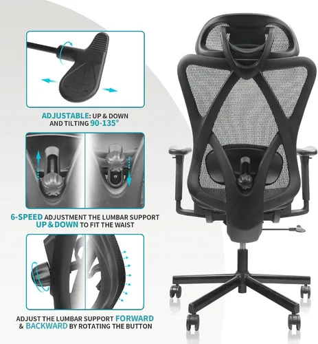 Miniatura 6 de Silla de oficina de malla ergonómica, silla de escritorio de altura ajustable, respaldo alto, silla de oficina de malla con patas de rueda, soporte