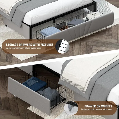 Miniatura 6 de LUCKLIFE Base de cama tapizada con puertos USB y tipo C, cabecera en forma de V, cajones laterales y almacenamiento de estribo de gran tamaño,