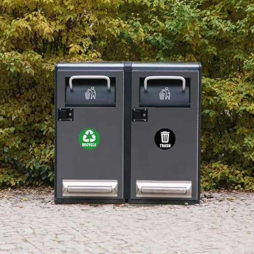 Miniatura 5 de Calcomanías autoadhesivas con logotipo de reciclaje y basura, letreros redondos para botes de basura y contenedores de basura (6 unidades)
