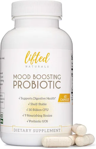 Lifted Naturals Probiótico estimulante del estado de ánimo de 30 mil millones de UFC, suplemento de apoyo al estado de ánimo, prebióticos y