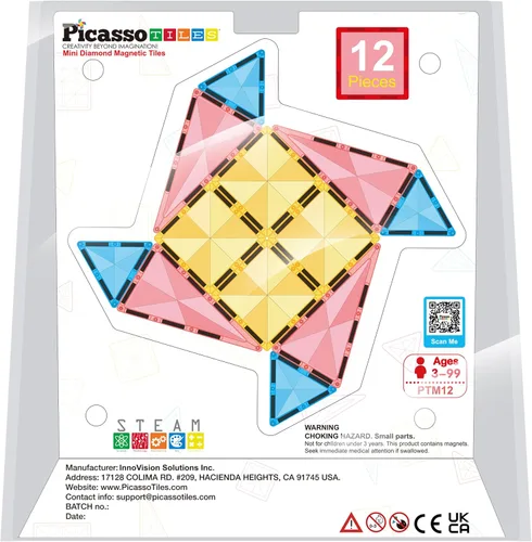 PicassoTiles Mini Diamond PTM12 - Azulejos magnéticos de construcción, bloques, juguete portátil y compacto, educación de STEM y temprana,