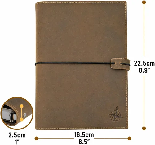 Miniatura 6 de WANDERINGS Diario de carpeta de cuero A5, organizador de 6 anillos hecho a mano con bolsillos, planificador de cuero con insertos de planificador