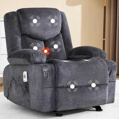 Silla reclinable giratoria para adultos, reclinable de gran tamaño con masaje y calor lumbar, mecedora con bolsillo lateral, 2 portavasos para sala