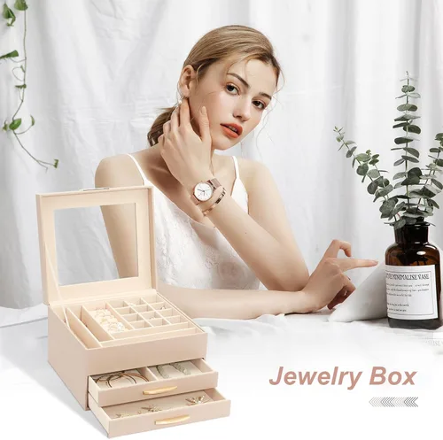 Miniatura 7 de Caja organizadora de joyas, organizador de joyas de 3 capas con 2 cajones, cajas de joyería para exhibir aretes, collar, reloj, pulsera y anillos
