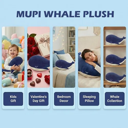 Miniatura 4 de Almohada de felpa de animales de peluche de ballena, 4 tamaños, lindas almohadas de peluche de algodón suave, estilo kawaii de ballena azul, regalos