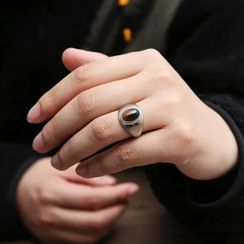 Miniatura 4 de HZMAN Anillo de boda de acero inoxidable gótico con piedra de ojo de tigre grande para hombres y mujeres, tamaño 7-14, Metal,