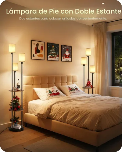 Miniatura 2 de Lámpara de pie de 180 cm con estantes, lámpara de pie moderna con 3 pantallas de lino y interruptor de pie, lámpara de pie de 3 luces, para sala