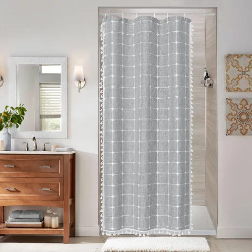 Miniatura 18 de MitoVilla Juego de cortinas de ducha estilo bohemio, modernas cortinas de ducha bohemias para decoración de baño, cortina de ducha de tela de lino
