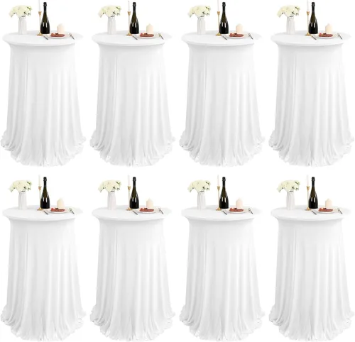 Miniatura 12 de Paquete de 4 manteles redondos para mesa de cóctel, de 32 x 43 pulgadas, de elastano, con cortinas onduladas, color beige, para mesa de boda, bar