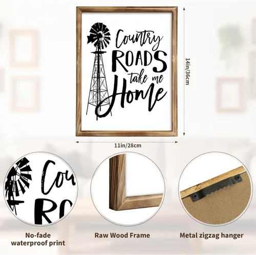 Miniatura 4 de Letrero de Country Roads Take Me Home, arte de pared de madera rústica con gancho de metal, letrero familiar de granja para sala de estar, música