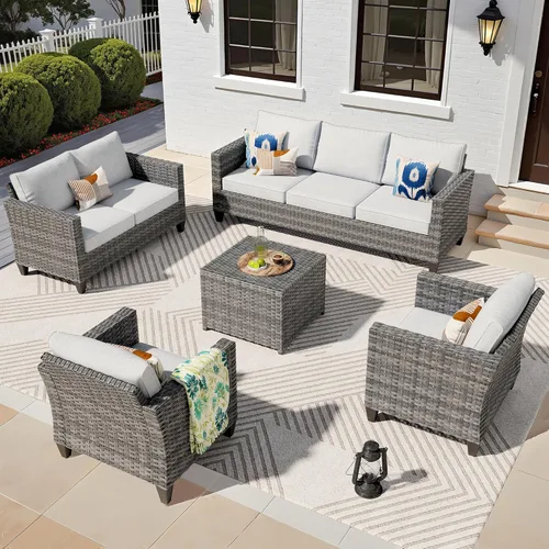 Miniatura 47 de ovios Juego de muebles de patio de 6 piezas, sillas giratorias de mimbre para exteriores con mesa para fogatas de 30 pulgadas, juego de mecedoras