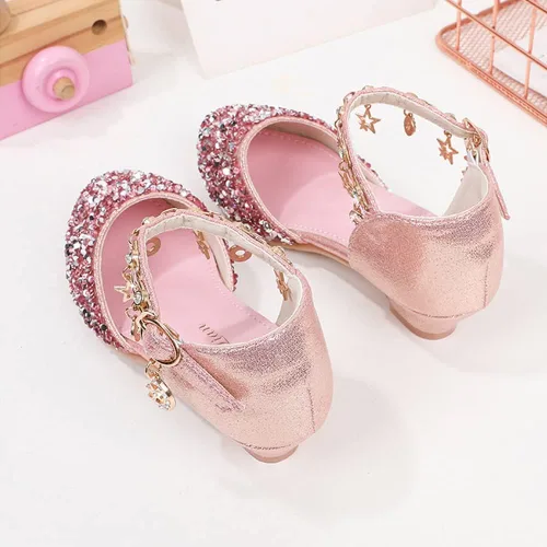 Miniatura 4 de ChuLian Zapatos de vestir para niñas pequeñas con lentejuelas con purpurina y tacones bajos de princesa Mary Jane Party Dance Shoes Sandalias
