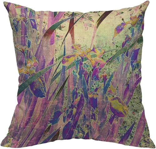 TKS MITLAN Fundas de Almohada Decorativas de Flores Iris Abstractas Arte Vintage Hojas Florales Púrpura Verde Fundas de Almohada de Lino Rústico de