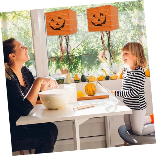 Miniatura 9 de ABOOFAN 2 linternas de calabaza de papel, luces LED, faroles de Halloween, decoraciones fáciles de colgar para ambiente de fiesta