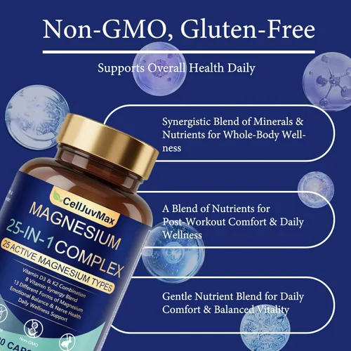 Miniatura 3 de Complejo de magnesio 25 en 1 Mezcla absorbible multiforma para apoyo nutricional diario, 120 cápsulas veganas (1)