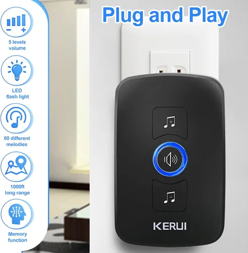 Miniatura 2 de KERUI Timbre inalámbrico, kit de timbre impermeable con 60 campanillas, 5 volúmenes ajustables, rango de funcionamiento de 1000 pies, timbre