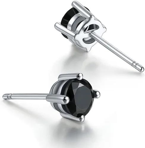Miniatura 2 de Solitaire - Aretes redondos de plata de ley 925 de ónix negro chapado en platino, joyería fina para mujeres y hombres