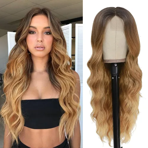 Miniatura 9 de NAYOO Pelucas marrones con flequillo para mujer, pelucas de cabello largo y ondulado, resistentes al calor, pelucas de fibra sintética para uso