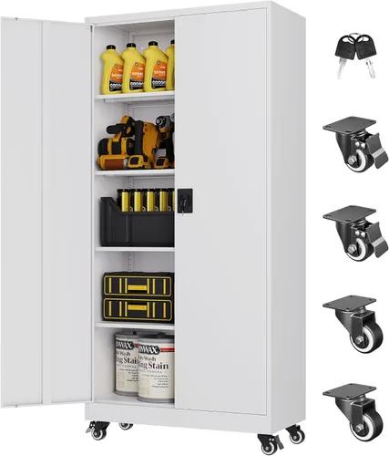 Miniatura 29 de Armario de almacenamiento de metal, archivador alto con 2 estantes ajustables y cajón, gabinete de herramientas de acero con cerradura para oficina