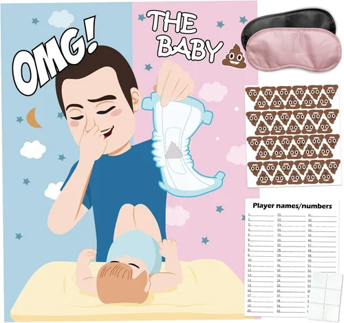 PARTYLOUD Pin The Sticker en el pañal, juegos de baby shower, divertidos juegos de baby shower, actividades temáticas de pañales, juegos de fiesta,
