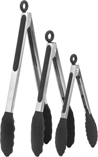 Pinzas de cocina para cocinar, pinzas de silicona de acero inoxidable para servir, 7,9 y 12 pulgadas, antiadherentes, resistentes al calor, paquete