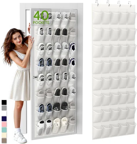 Miniatura 8 de Organizador de zapatos colgante sobre la puerta con 40 bolsillos grandes de malla transpirable, soporte de zapatos que ahorra espacio, estante