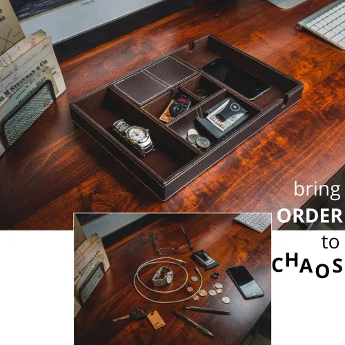 Miniatura 5 de ULTRAY Organizador de mesita de noche, bandeja de valet para hombres y mujeres, bandeja EDC, cómoda de piel sintética, color marrón oscuro, 6