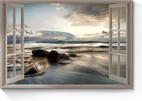 Miniatura 11 de Arte de pared con ventana abierta del océano: puesta de sol, escena de playa costera, pintada sobre lienzo, paisaje marino azul, veleros náuticos