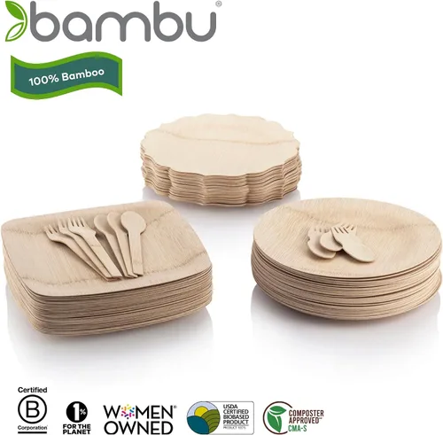 Miniatura 6 de Bambu, Platos cuadrados desechables de bambú de 11 pulgadas, orgánicos, biodegradables y ecológicos, platos para fiestas, bodas y eventos, ideales