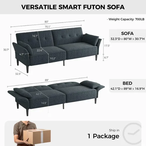 Miniatura 2 de COPIAE Sofá cama futón de 89 pulgadas, cómodo sofá cama futón con 2 almohadas cuadradas, sofá cama convertible con respaldo y reposabrazos