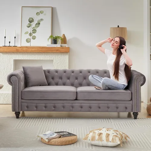 Miniatura 8 de Juego de 2 sofás Chesterfield de terciopelo de 85.5 pulgadas, 3 plazas + 63.5 pulgadas, sofá moderno con brazos enrollados y 2 cojines para sala