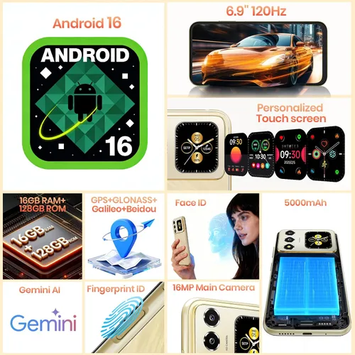 Miniatura 8 de FOSSIBOT Teléfonos celulares S7 Android 16, 16GB+128GB+2TB teléfono desbloqueado, pantalla FHD de 6.9 pulgadas, teléfonos inteligentes de doble