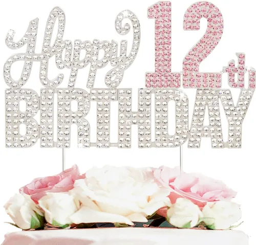 Miniatura 21 de Decoración de pastel de diamantes de imitación rosa y plateado con texto en inglés "Cheers to 11 Years Old Eleven Bday" de metal brillante