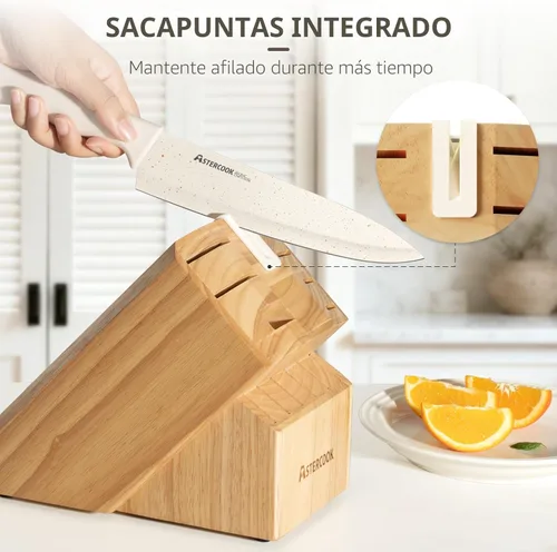 Miniatura 8 de Astercook Juego de cuchillos de cocina de 15 piezas con bloque de afilador, cuchillos alemanes de acero inoxidable con revestimiento antioxidante