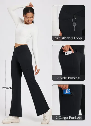 Miniatura 4 de BALEAF Pantalones con forro polar para mujer, para invierno, térmicos, resistentes al agua, cruzados, acampanados, cálidos, corte de bota