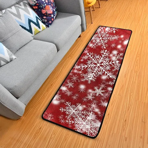 Miniatura 9 de Alfombra de pasillo de Navidad, patrón rojo con copos de nieve, alfombra de corredor de flores, alfombra antideslizante para cocina, alfombra