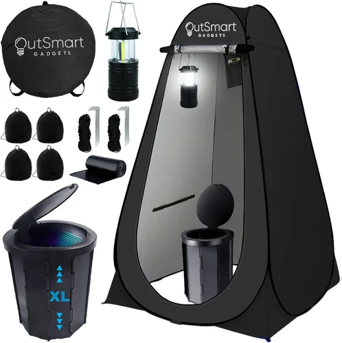 Outsmart Gadgets Juego de inodoro portátil para exteriores para adultos con linterna nocturna de campamento, inodoro plegable XL, tienda de campaña