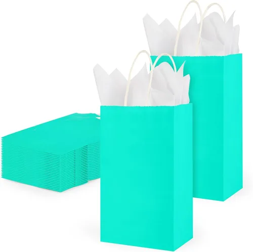 DjinnGlory Paquete de 24 bolsas de papel verde azulado de tamaño pequeño de 9 x 5.5 x 3.15 pulgadas con 24 papel de seda blanco, bolsas azul