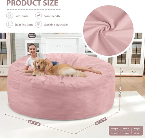 Miniatura 115 de Puf de 5 pies, puf grande con relleno de espuma viscoelástica, sofá puff esponjoso con funda de terciopelo holandés, puf redondo para sala de estar