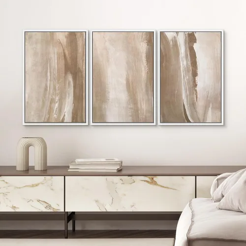 Miniatura 399 de SIGNWIN Lienzo enmarcado para pared, arte con pinceladas de flujo neutro en tonos beige abstractos, ilustraciones, arte moderno, decorativo
