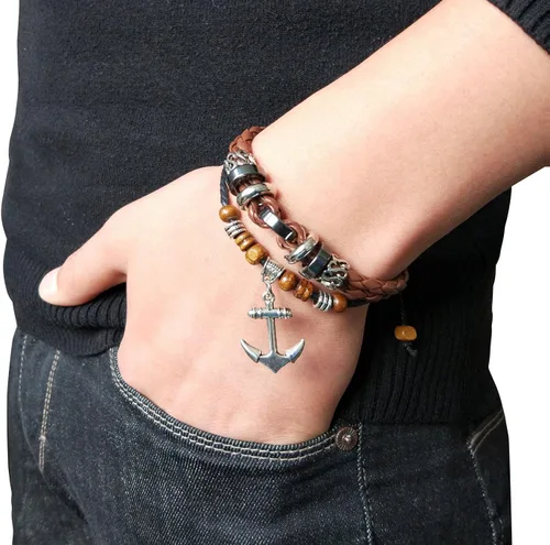 Miniatura 23 de Suyi brazalete ajustable con varias capas, de cuero tejido trenzado con cruz. Pulsera tipo esclava.